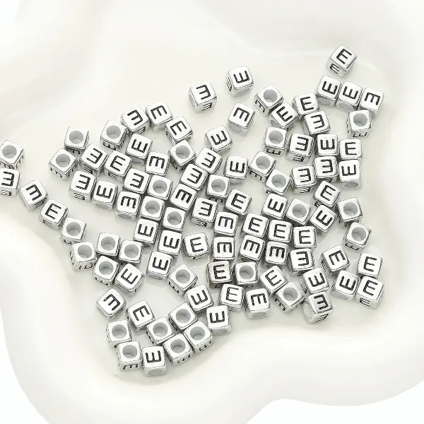 Letter E square antique silver 6x6mm hole diameter about 3mm-50 pieces/pack,chaincharmsupply.com