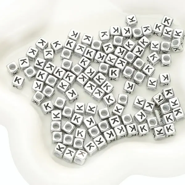 Letter K square antique silver 6x6mm hole diameter about 3mm-50 pieces/pack,chaincharmsupply.com