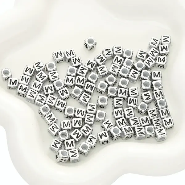 Letter M square antique silver 6x6mm hole diameter about 3mm-50 pieces/pack,chaincharmsupply.com