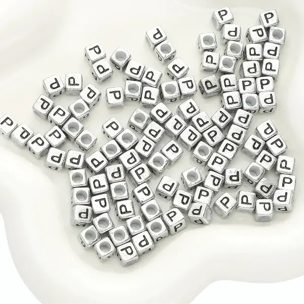 Letter P square antique silver 6x6mm hole diameter about 3mm-50 pieces/pack,chaincharmsupply.com