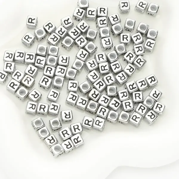 Letter R square antique silver 6x6mm hole diameter about 3mm-50 pieces/pack,chaincharmsupply.com