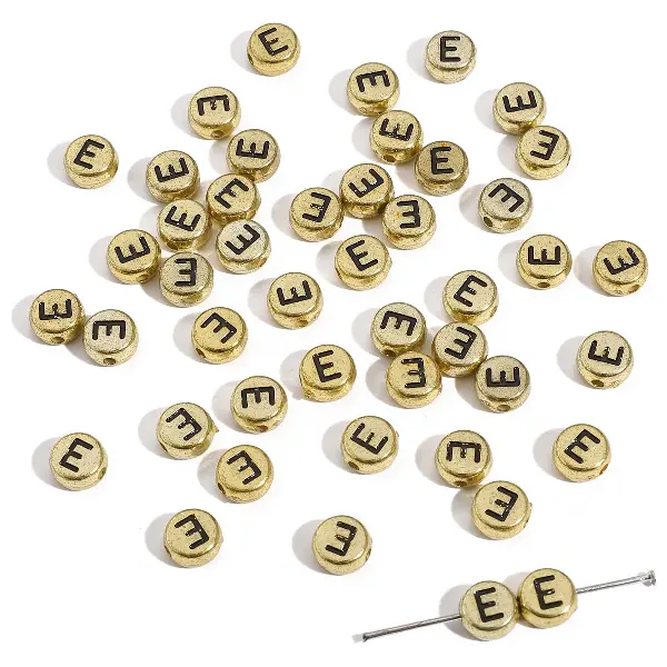 Letter E round gold 4x7mm hole diameter about 1mm-50 pieces/pack,chaincharmsupply.com