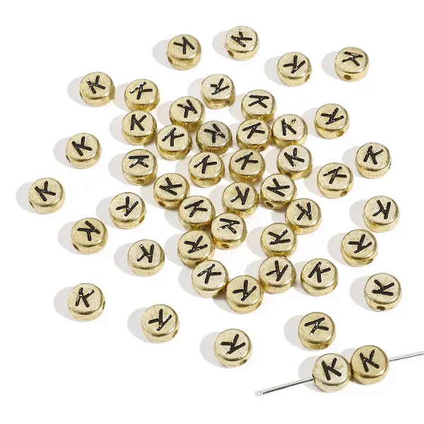 Letter K round gold 4x7mm hole diameter about 1mm-50 pieces/pack,chaincharmsupply.com