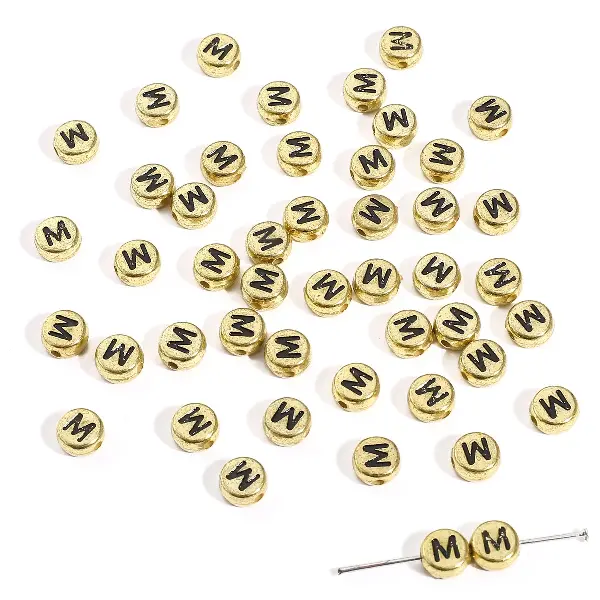 Letter M round gold 4x7mm hole diameter about 1mm-50 pieces/pack,chaincharmsupply.com