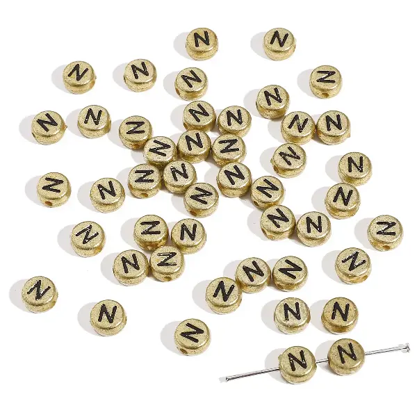 Letter N round gold 4x7mm hole diameter about 1mm-50 pieces/pack,chaincharmsupply.com