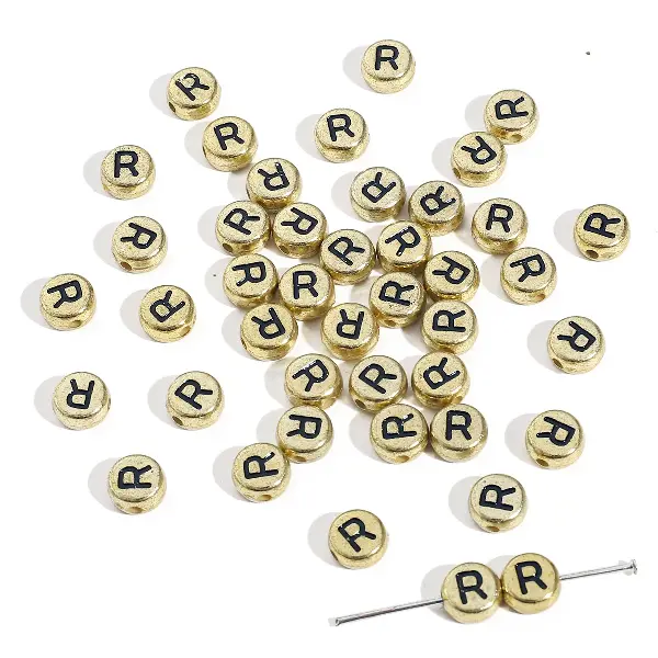 Letter R round gold 4x7mm hole diameter about 1mm-50 pieces/pack,chaincharmsupply.com