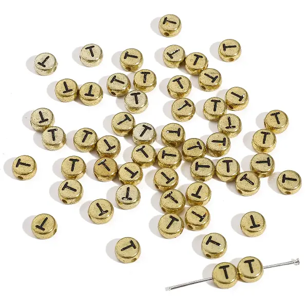 Letter T round gold 4x7mm hole diameter about 1mm-50 pieces/pack,chaincharmsupply.com