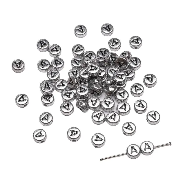 Letter A round silver 4x7mm hole diameter about 1mm-50 pieces/pack,chaincharmsupply.com