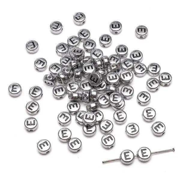 Letter E round silver 4x7mm hole diameter about 1mm-50 pieces/pack,chaincharmsupply.com