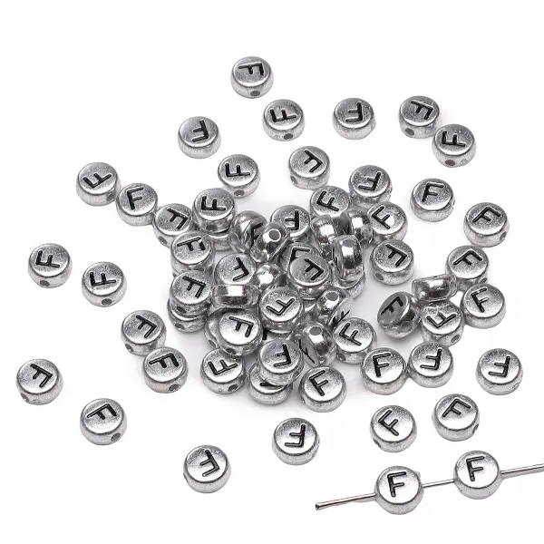 Letter F round silver 4x7mm hole diameter about 1mm-50 pieces/pack,chaincharmsupply.com