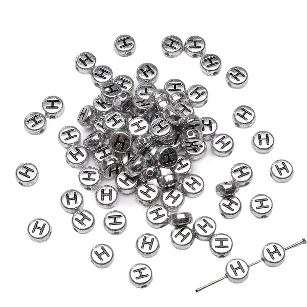 Letter H round silver 4x7mm hole diameter about 1mm-50 pieces/pack,chaincharmsupply.com