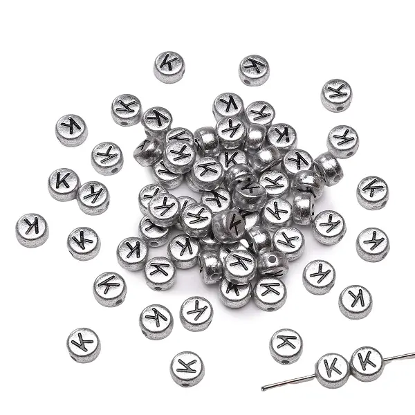 Letter K round silver 4x7mm hole diameter about 1mm-50 pieces/pack,chaincharmsupply.com