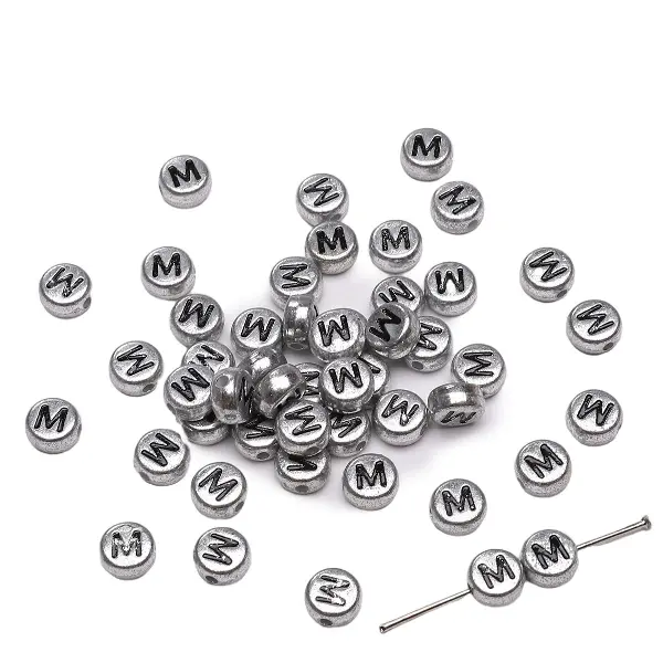 Letter M round silver 4x7mm hole diameter about 1mm-50 pieces/pack,chaincharmsupply.com