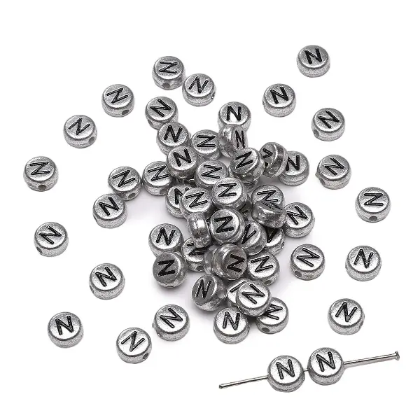 Letter N round silver 4x7mm hole diameter about 1mm-50 pieces/pack,chaincharmsupply.com