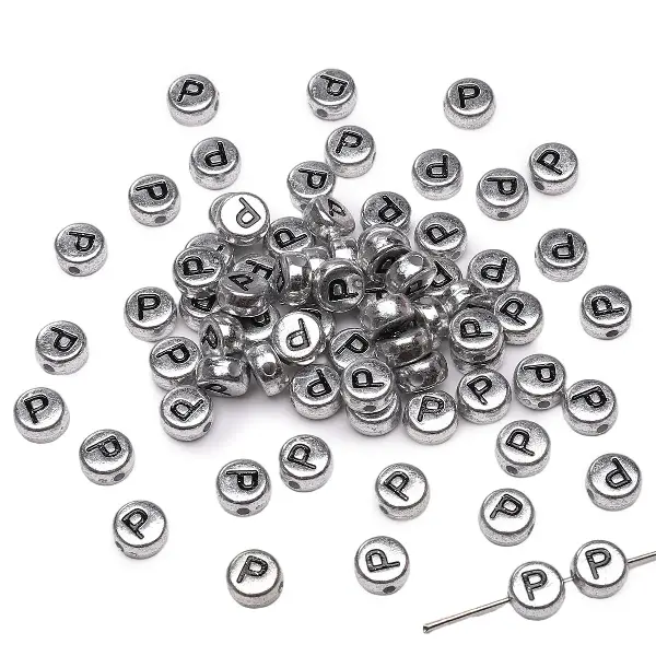 Letter P round silver 4x7mm hole diameter about 1mm-50 pieces/pack,chaincharmsupply.com