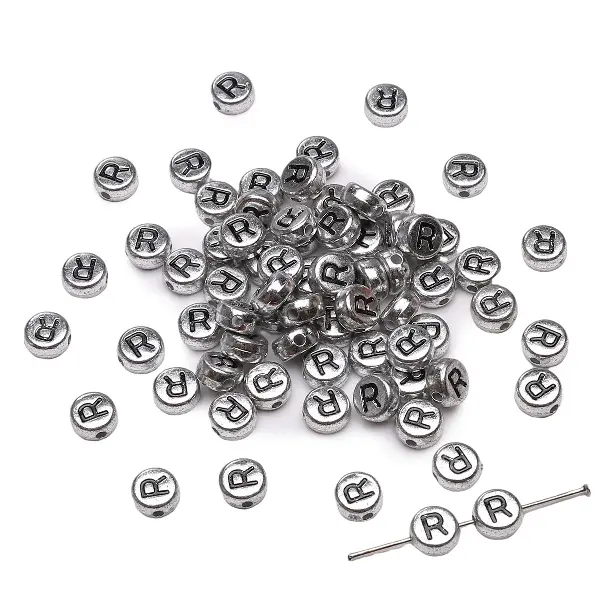 Letter R round silver 4x7mm hole diameter about 1mm-50 pieces/pack,chaincharmsupply.com