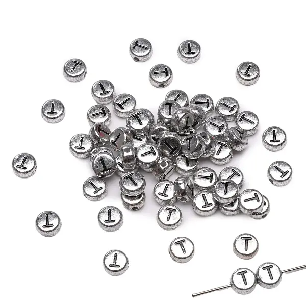 Letter T round silver 4x7mm hole diameter about 1mm-50 pieces/pack,chaincharmsupply.com