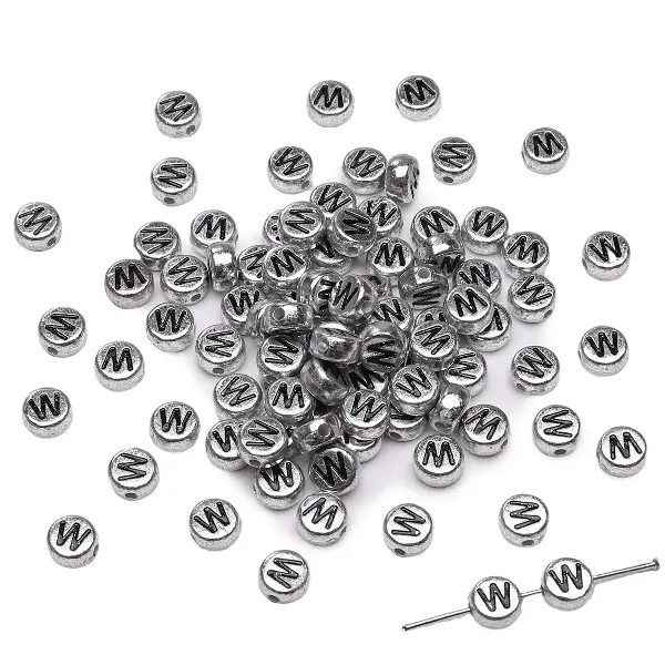 Letter W round silver 4x7mm hole diameter about 1mm-50 pieces/pack,chaincharmsupply.com